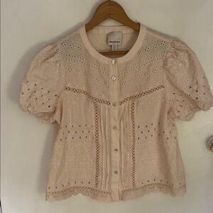 Pale Pink Eyelet Button-Front Puff Sleeve Top